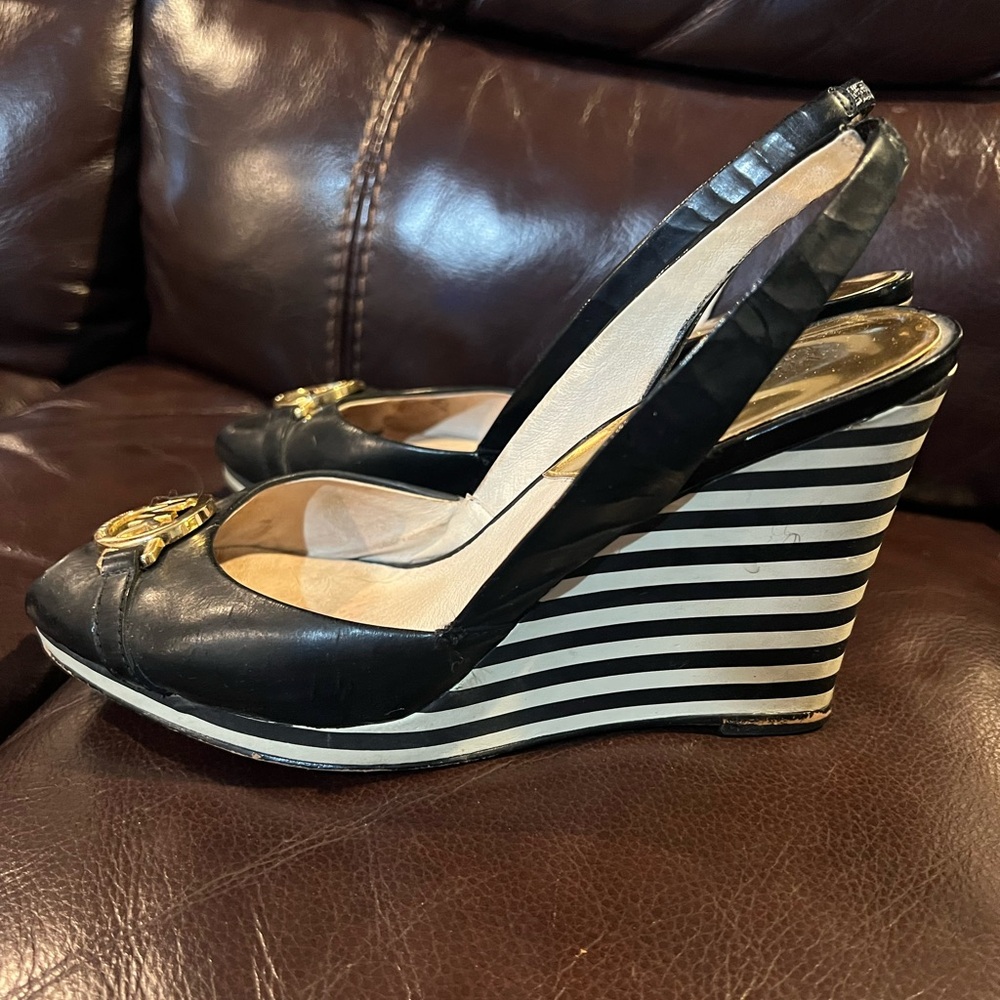 Michael Kors Black and White Striped Wedge Slingback Shoes
